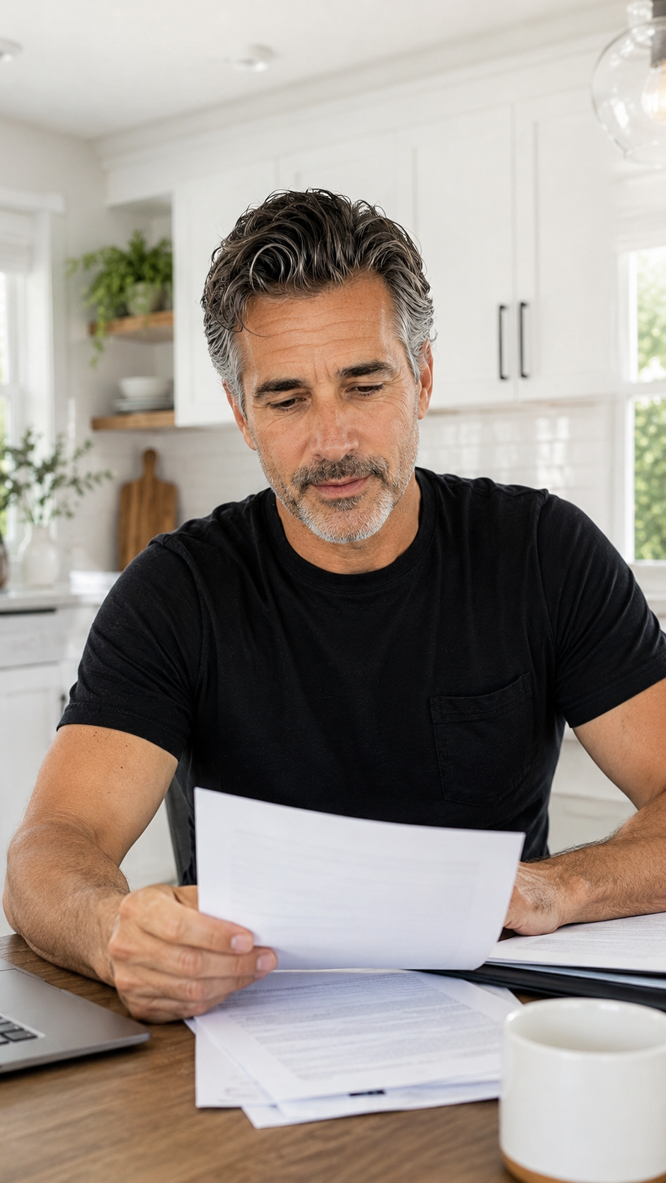Man reviewing papers at a kitchen table, taking time to understand his next step