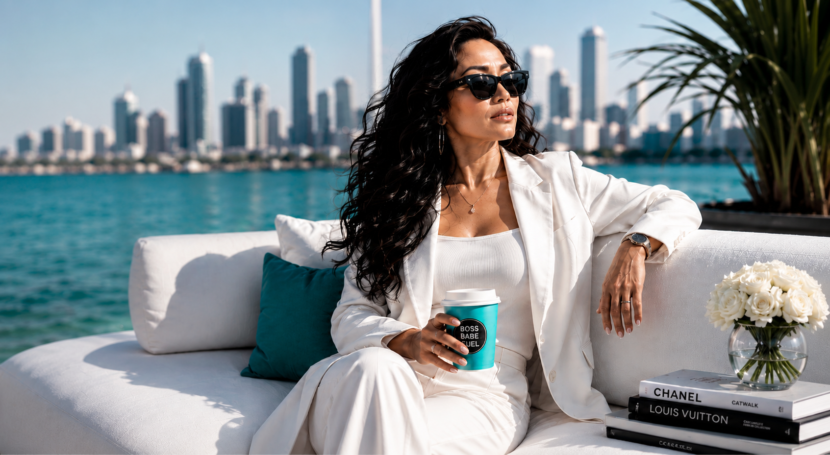 Confident woman relaxing on a waterfront terrace with a Boss Babe Fuel coffee cup and city skyline behind her